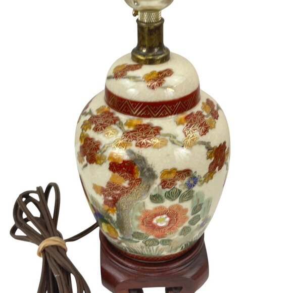 Antique Style Hand Painted Porcelain Table Lamp With Floral Pattern & Wooden Bas - Picture 7 of 11
